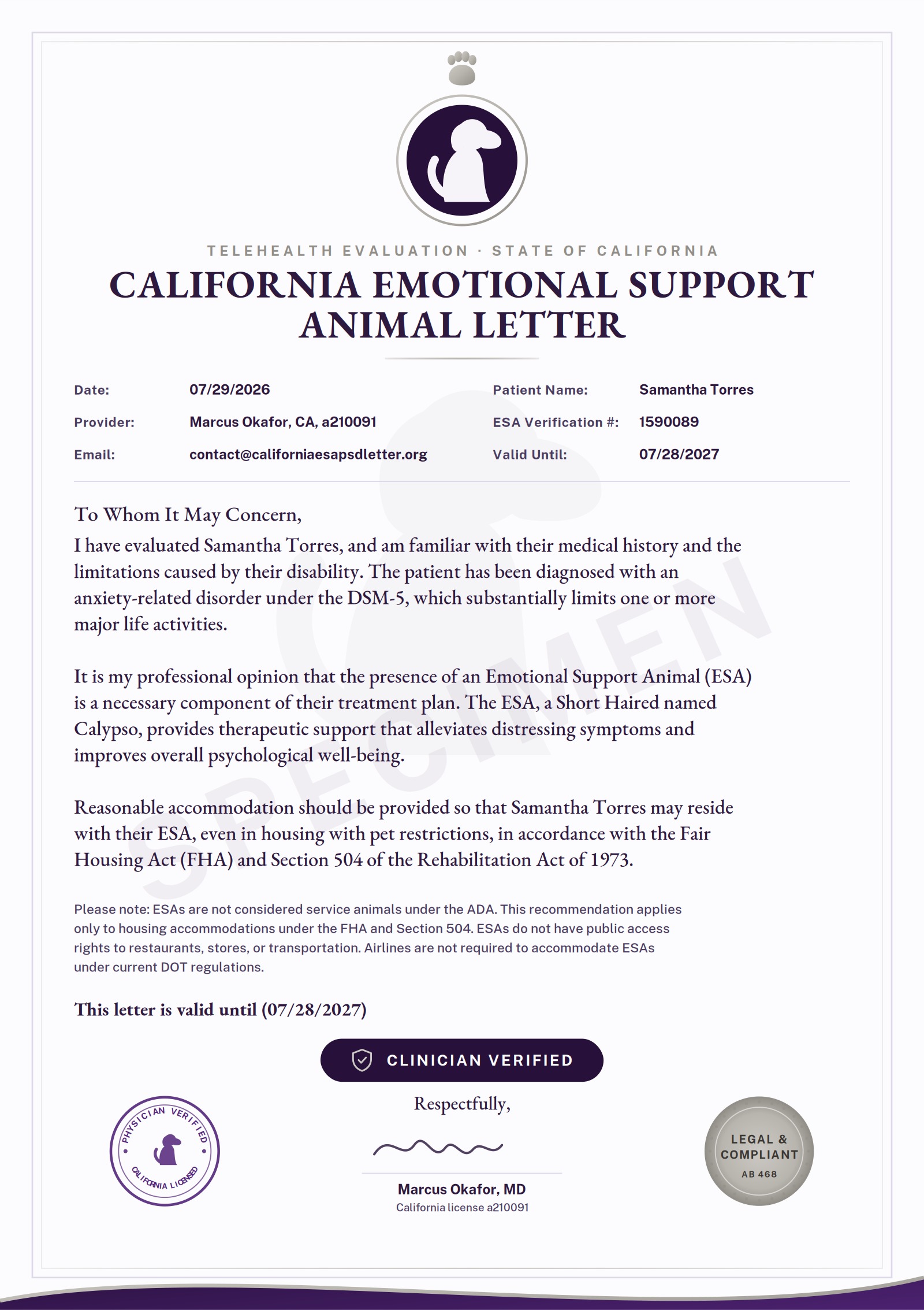 A California ESA letter showing the clinician-verified badge, the compliance seal, the physician verification stamp and the signature block
