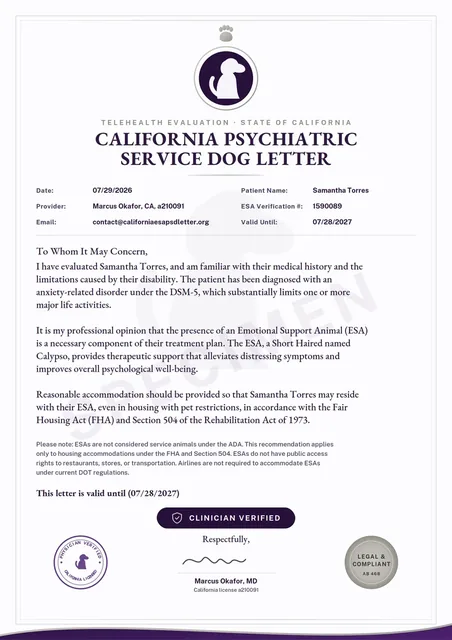 A California PSD letter showing the clinician-verified badge, the compliance seal, the physician verification stamp and the signature block
