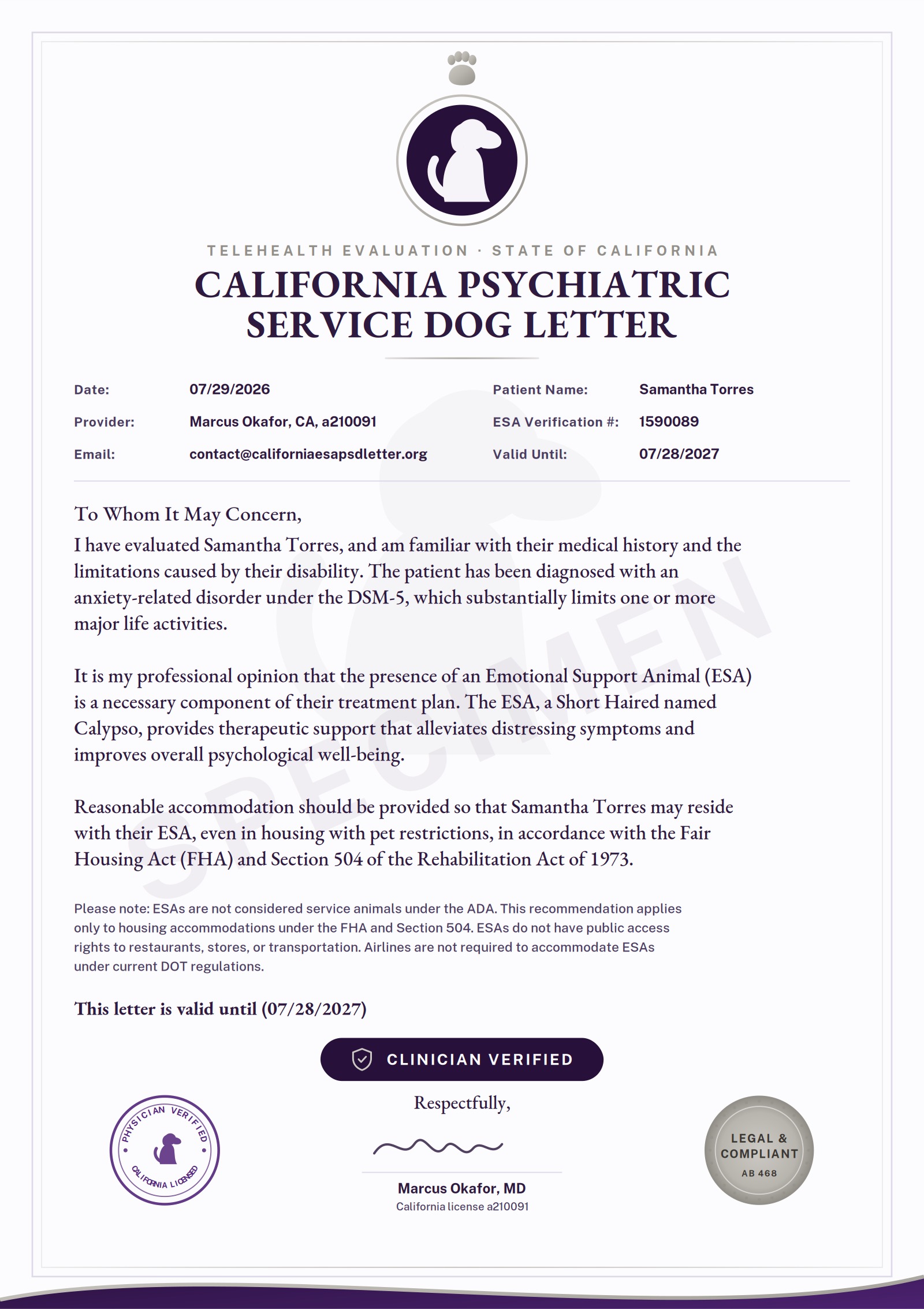 A California PSD letter showing the clinician-verified badge, the compliance seal, the physician verification stamp and the signature block
