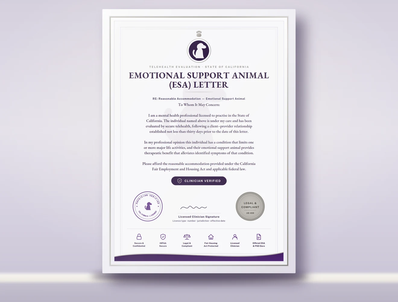 A framed Emotional Support Animal letter on a console table, showing the clinician-verified badge, platinum compliance seal and physician verification stamp